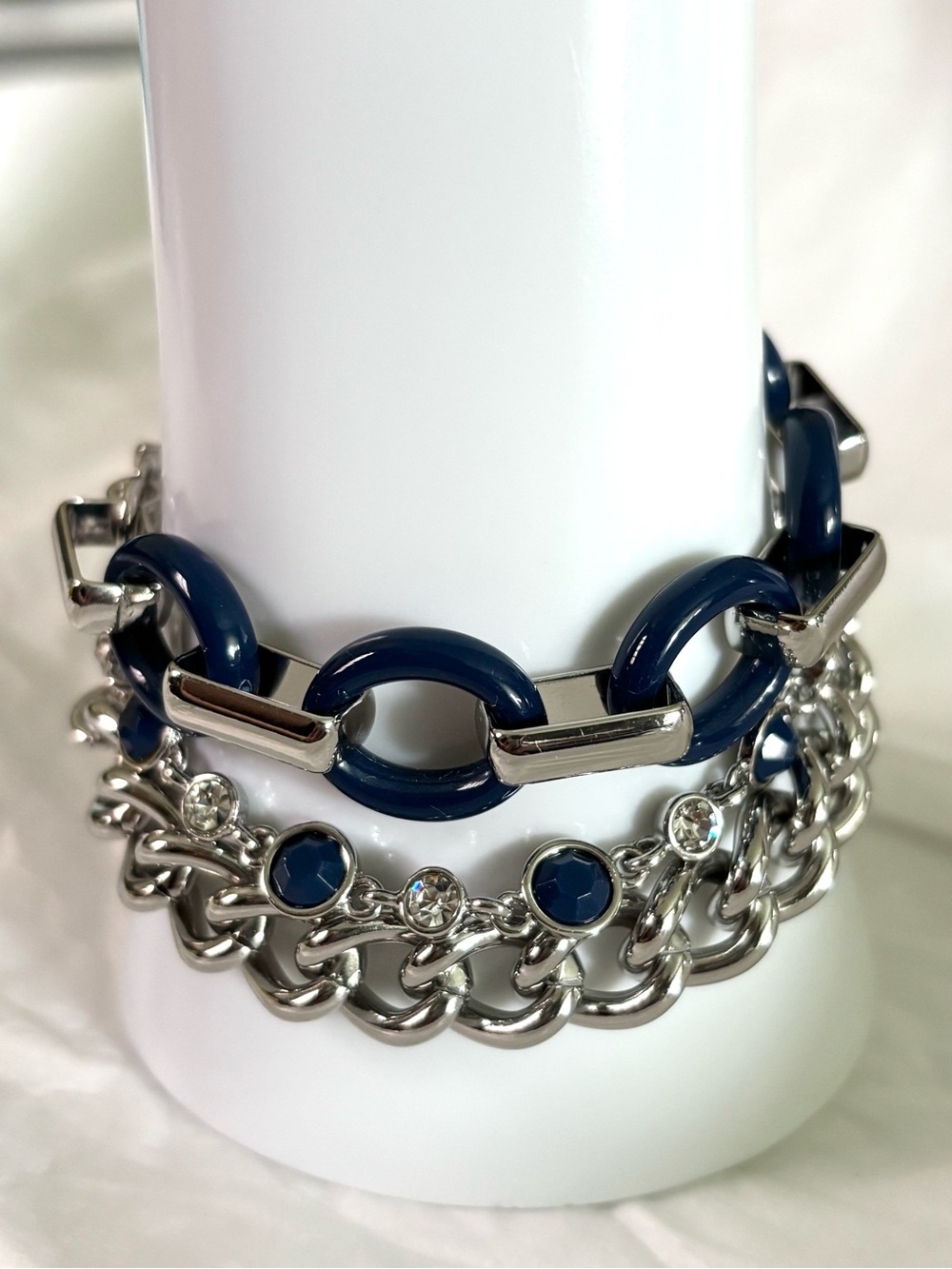 Lia Sophia SilverTone & Navy Blue Multi- Strand Statement Bracelet Chain Crystal